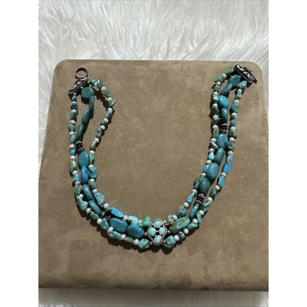 Barse 925 Triple Strand Turquoise Chocker Necklace 14.5 Inches Center Pendant